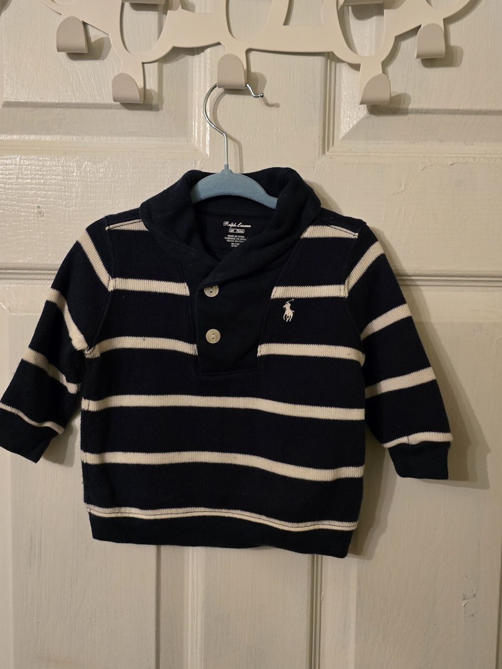 Ralph Lauren Navy & White Striped Shawl-Collar Baby Sweater